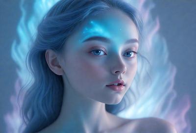 The primary subject of the image is a woman with blue hair, who is looking at the camera. She has a blue and white color scheme, which gives her a unique and striking appearance. The setting is a blue background, which complements her hair color and adds to the overall visual style of the image. The woman appears to be a digital art or illustration, as her features and hair color are exaggerated and detailed, creating a vivid and eye-catching image.
