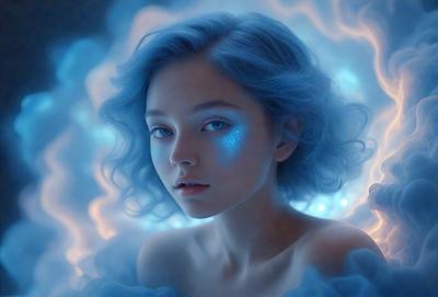 The primary subject of the image is a young girl with blue hair, who is wearing a blue and white dress. She is looking at the camera with a blue and white background. The visual style of the image is digital art, and the colors and mood are predominantly blue and white, creating a serene and artistic atmosphere.