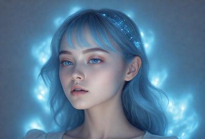 The primary subject of the image is a woman with blue hair, who is looking at the camera. She has a blue and white star on her head, adding a unique touch to her appearance. The setting is a blue background, which complements the woman's blue hair. The visual style is digital art, as the woman is depicted in a stylized manner. The colors and mood of the image are predominantly blue, creating a calm and serene atmosphere.
