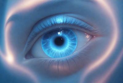 The primary subject of the image is a close-up of a person's eye, showcasing the blue iris and the surrounding skin. The setting is a blue background, which adds to the overall visual style. The image is a digital art or illustration, capturing the intricate details of the eye. The dominant colors are blue and white, creating a calm and serene atmosphere.