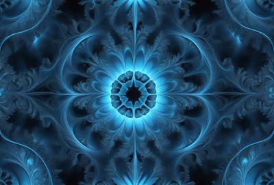 The primary subject of the image is a blue flower with a black center, surrounded by a blue background. The visual style appears to be a digital art or illustration, with a patterned background that adds depth and interest to the scene. The colors and mood of the image are predominantly blue, creating a calm and serene atmosphere.