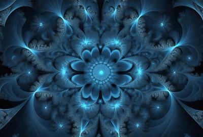 The primary subject of the image is a blue and white flower with a blue background. The visual style appears to be a digital art or illustration, as the flower is depicted in a complex and intricate pattern. The colors and mood of the image are predominantly blue, creating a serene and calming atmosphere.