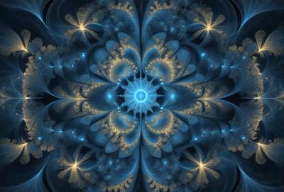 The primary subject of the image is a blue and yellow flower with a blue background. The visual style appears to be a digital art or illustration, as the flower is depicted in a detailed and intricate manner. The colors and mood of the image are vibrant and lively, with the blue and yellow hues creating a sense of freshness and energy.