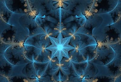 The primary subject of the image is a blue star, which is the focal point of the scene. The setting is a blue background, which complements the star's color. The visual style is a digital art or illustration, as the star is depicted in a detailed and intricate manner. The colors and mood of the image are predominantly blue, creating a calm and serene atmosphere.