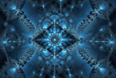 The primary subject of the image is a blue and white geometric pattern, which appears to be a digital art or illustration. The setting is a blue background, and the visual style is a combination of digital art and illustration. The dominant colors are blue and white, creating a calm and serene atmosphere.