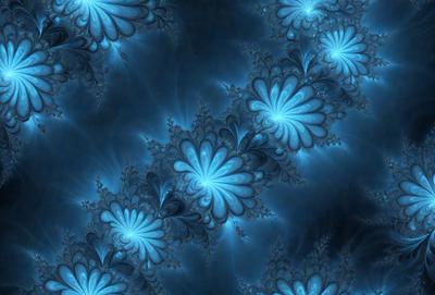 The primary subject of the image is a blue and white floral pattern. The setting is a blue background, which creates a visually striking contrast with the floral design. The visual style is a combination of digital art and illustration, giving the image a unique and artistic appearance. The dominant colors are blue and white, creating a calm and serene atmosphere.