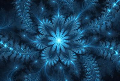 The primary subject of the image is a blue and white flower with a bright center. The setting is a blue background, which adds to the overall visual style. The flower is depicted in a digital art or illustration format, creating a vibrant and lively atmosphere. The dominant colors are blue and white, with the bright center adding a pop of color to the scene.