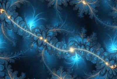 The primary subject of the image is a blue and gold floral pattern. The setting is a blue background, which creates a contrast with the vibrant colors of the floral pattern. The visual style is a combination of digital art and illustration, giving the image a unique and artistic appearance. The dominant colors are blue and gold, creating a sense of tranquility and elegance.