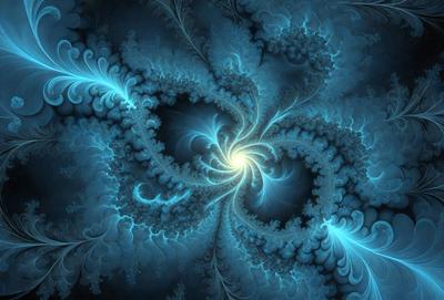 The primary subject of the image is a blue and white swirling pattern, which appears to be a digital art or illustration. The setting is a blue background, and the visual style is a combination of digital art and illustration. The colors and mood of the image are predominantly blue and white, creating a sense of depth and intricacy in the swirling pattern.