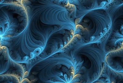 The primary subject of the image is a blue and yellow swirling pattern, which appears to be a digital art or illustration. The setting is a blue background, and the visual style suggests that it is a digital artwork or a painting. The dominant colors in the image are blue and yellow, creating a vibrant and lively atmosphere.