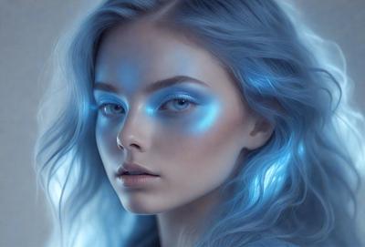 The primary subject of the image is a woman with blue hair, who is looking at the camera. She has a blue and white makeup style, which adds to the overall visual style of the image. The setting appears to be a studio or a similar indoor environment, as the woman is posing for a picture. The colors and mood of the image are predominantly blue, creating a cool and artistic atmosphere.