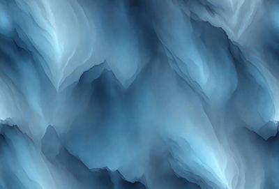 The primary subject of the image is a mountainous landscape, with a blue sky serving as the backdrop. The visual style of the image is a digital art or illustration, creating a sense of depth and intricacy in the mountainous terrain. The dominant colors in the image are blue and gray, which contribute to the overall mood of the scene, evoking a sense of calmness and serenity.