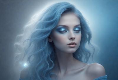 The primary subject of the image is a woman with blue hair, who is looking at the camera. She has a blue and white dress on, and her hair is styled in a way that accentuates her unique appearance. The setting is a studio, and the visual style is digital art. The colors and mood of the image are predominantly blue, creating a calm and serene atmosphere.
