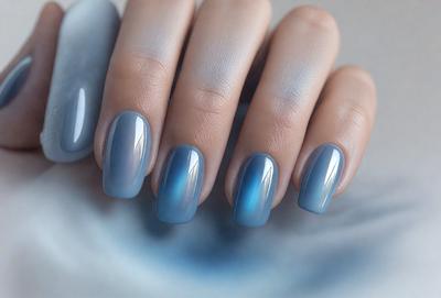 The primary subject of the image is a person's hand with blue nail polish. The hand is holding a blue and white object, possibly a bowl or a vase. The setting appears to be indoors, with a table or a counter visible in the background. The visual style of the image is a close-up of the hand and the object, with a focus on the colors and details of the nail polish and the blue and white object. The overall atmosphere of the image is calm and relaxed, with