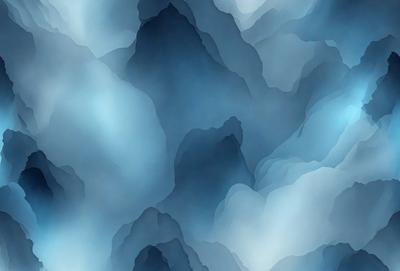 The primary subject of the image is a mountainous landscape, with a focus on the clouds surrounding the mountains. The setting is a cloudy sky, and the visual style is a digital art or illustration. The dominant colors are blue and gray, creating a moody atmosphere.