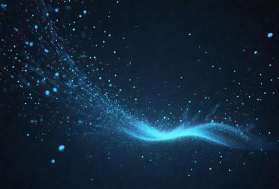 The primary subject of the image is a blue and white light effect, which appears to be a digital art or illustration. The setting is a dark background, which contrasts with the light effect. The visual style is modern and captivating, with the light effect resembling a flowing waterfall or a swirling vortex. The colors and mood of the image are predominantly blue and white, creating a sense of tranquility and elegance.