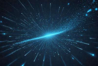 The primary subject of the image is a bright blue light, which appears to be a star or a light source. The setting is a dark background, which contrasts with the bright blue light. The visual style of the image is digital art, as it is a computer-generated image. The colors and mood of the image are predominantly blue, creating a sense of calmness and tranquility.
