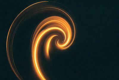 The primary subject of the image is a yellow spiral, which appears to be a swirl or a curved line. The setting is a dark background, which contrasts with the bright yellow color of the spiral. The visual style of the image is a combination of a photo and a digital art, as it captures the spiral's movement and shape. The colors and mood of the image are predominantly yellow, creating a warm and vibrant atmosphere.