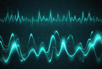 The primary subject of the image is a series of blue and green waves, which are the main objects in the scene. The setting is a dark background, which contrasts with the bright colors of the waves. The visual style is a digital art or illustration, as the waves are depicted in a patterned manner. The colors and mood of the image are predominantly blue and green, creating a calm and soothing atmosphere.