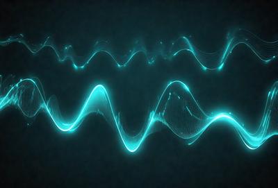 The primary subject of the image is a series of blue light waves or neon lights. The setting is a dark background, which contrasts with the bright blue light. The visual style is a digital art or illustration, as the light waves are depicted in a stylized manner. The colors and mood of the image are predominantly blue, creating a sense of calmness and tranquility.