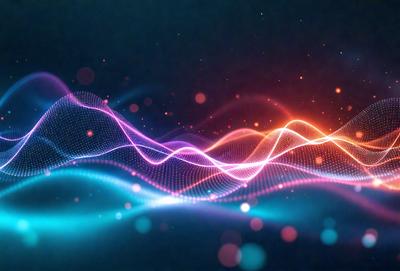 The primary subject of the image is a colorful, abstract pattern of light and sound waves. The setting is a dark background, which contrasts with the vibrant colors of the waves. The visual style is a combination of digital art and illustration, creating a dynamic and engaging scene. The dominant colors are pink, orange, and blue, which evoke a sense of energy and movement. Overall, the image conveys a mood of excitement and creativity.
