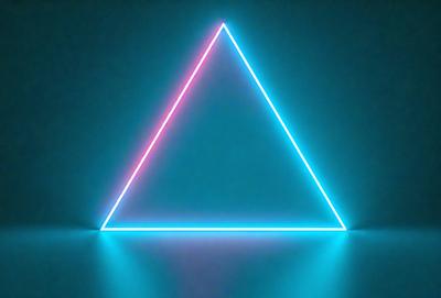 The primary subject of the image is a neon pink triangle. The setting is a blue wall, which serves as the backdrop for the triangle. The visual style is digital art, as the triangle is created using neon colors and lighting effects. The dominant colors are pink and blue, creating a vibrant and energetic atmosphere.