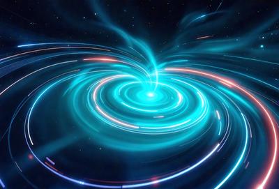 The primary subject of the image is a blue spiral, which appears to be a swirling vortex or a wormhole. The setting is a dark, starry background, which adds to the mysterious and otherworldly atmosphere of the scene. The visual style is a combination of digital art and illustration, creating a dynamic and captivating image. The dominant colors are blue and purple, which evoke a sense of depth and intrigue. Overall, the image conveys a sense of wonder and exploration