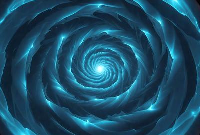 The primary subject of the image is a blue spiral pattern, which appears to be a digital art or illustration. The setting is a blue background, and the visual style is a combination of photo and digital art. The dominant colors are blue and white, creating a calm and serene atmosphere.