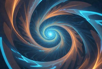 The primary subject of the image is a spiral pattern, which is the main object, scene, or focus of the image. The spiral pattern is set against a blue background, giving it a vibrant and lively appearance. The visual style of the image is digital art, as it is a computer-generated or digitally created pattern. The dominant colors in the image are blue and orange, creating a sense of depth and contrast.