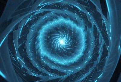 The primary subject of the image is a blue spiral, which appears to be a digital art or illustration. The spiral is set against a dark blue background, creating a striking contrast. The visual style of the image suggests that it is a digital creation, possibly a pattern or texture. The dominant colors in the image are blue and black, giving it a futuristic and modern appearance.