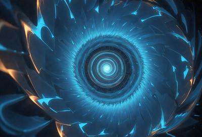 The primary subject of the image is a blue spiral, which appears to be a part of a larger structure. The setting is a dark, blue environment, which adds to the overall mood of the image. The visual style of the image is a combination of photo and digital art, creating a unique and intriguing appearance. The dominant colors in the image are blue and white, with the blue spiral being the most prominent feature.