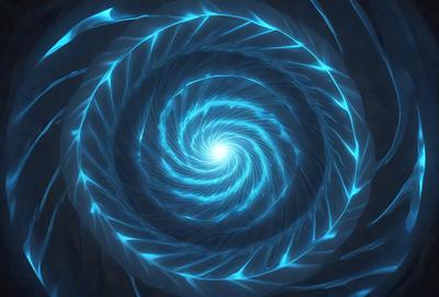 The primary subject of the image is a blue spiral, which appears to be a swirling pattern or a blue spiral galaxy. The setting is a dark background, which contrasts with the blue spiral. The visual style of the image is a combination of a photo and digital art, as it captures the spiral's intricate details while also showcasing its vibrant blue color. The overall atmosphere of the image is one of beauty and complexity, as the spiral's design evokes a sense of