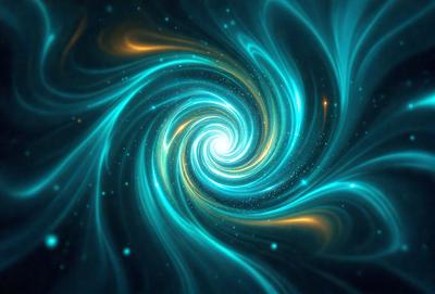 The primary subject of the image is a spiral pattern, which is a blue and gold swirl. The setting is a dark background, which contrasts with the vibrant colors of the spiral pattern. The visual style is a digital art or illustration, as the spiral pattern appears to be a part of a larger design or artwork. The dominant colors are blue and gold, creating a sense of depth and movement in the image.