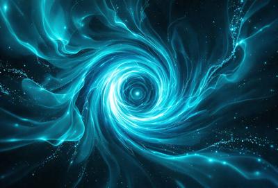 The primary subject of the image is a blue spiral, which appears to be a swirling vortex or a whirlpool. The setting is a dark, starry background, which adds to the overall mood of the image. The visual style is a combination of digital art and illustration, creating a unique and captivating scene. The dominant colors are blue and black, which contribute to the mysterious and intriguing atmosphere of the image.