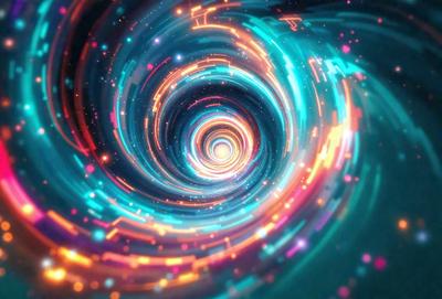 The primary subject of the image is a spiral, which is a part of a larger, colorful, and swirling pattern. The spiral is surrounded by a vibrant and lively environment, with a mix of blue, orange, and yellow colors. The setting appears to be a digital art or illustration, as the spiral and its surroundings are intricately designed and detailed. The overall atmosphere of the image is energetic and captivating, with the spiral and its vivid colors drawing the