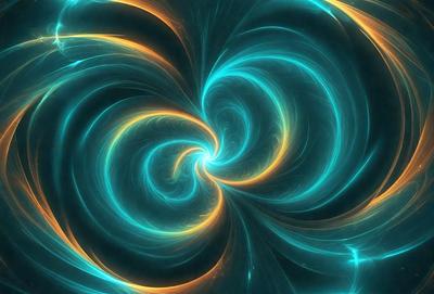 The primary subject of the image is a spiral pattern, which is a blue and yellow swirl. The setting is a dark blue background, and the visual style appears to be a digital art or illustration. The dominant colors are blue and yellow, creating a vibrant and lively atmosphere.