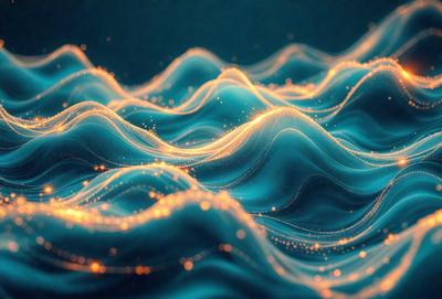 The primary subject of the image is a blue ocean with a wave pattern. The setting is the ocean, and the visual style is a digital art or illustration. The dominant colors are blue and yellow, creating a serene and calming atmosphere.