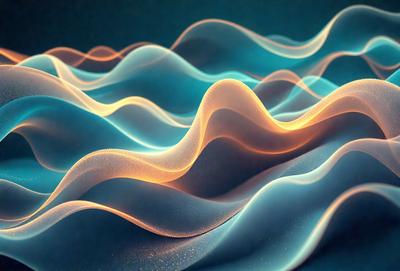The primary subject of the image is a wave, which is the main object, scene, or focus of the image. The wave is depicted in a digital art style, with a blue background and a patterned texture. The colors and mood of the image are predominantly blue and calming, creating a serene atmosphere.
