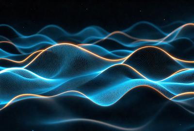 The primary subject of the image is a blue and yellow wave pattern, which appears to be a digital art or illustration. The setting is a dark background, which contrasts with the bright colors of the wave pattern. The visual style gives the impression of a futuristic or abstract design. The dominant colors are blue and yellow, creating a vibrant and energetic atmosphere.