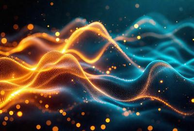 The primary subject of the image is a blue and orange wave pattern, which appears to be a digital art or illustration. The setting is a dark background, and the visual style is a combination of digital art and a pattern. The dominant colors are blue and orange, creating a vibrant and energetic atmosphere.