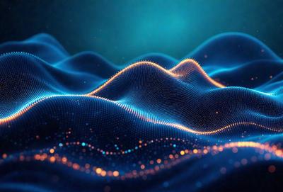 The primary subject of the image is a blue, light-filled ocean with a wave pattern. The setting is a dark blue background, which contrasts with the bright blue ocean. The visual style is a digital art or illustration, creating a vibrant and dynamic scene. The colors and mood are predominantly blue, with a sense of depth and tranquility.