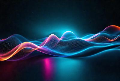 The primary subject of the image is a blue and pink light pattern, which appears to be a digital art or illustration. The setting is a dark background, and the visual style is a combination of digital art and light patterns. The dominant colors are blue and pink, creating a vibrant and lively atmosphere.