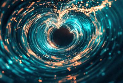 The primary subject of the image is a heart-shaped bubble, which is floating in a blue, swirling water. The heart is illuminated by a bright light, giving it a glowing appearance. The setting is a swimming pool, and the visual style is a combination of a photo and digital art. The colors and mood of the image are vibrant and lively, with the heart symbolizing love and the swirling water adding a sense of motion and energy to the scene.