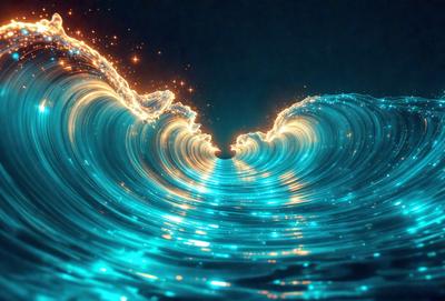 The primary subject of the image is a large, colorful wave with a blue hue. The wave is breaking, creating a dynamic and visually striking scene. The setting is a dark background, which contrasts with the vibrant colors of the wave. The visual style of the image is a combination of photo and digital art, creating a unique and eye-catching representation of the ocean. The dominant colors are blue and orange, with the blue wave and the orange sparks, giving the image a lively and energetic atmosphere