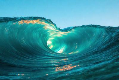 The primary subject of the image is a large, blue wave in the ocean. The wave is curling over, creating a beautiful and dynamic scene. The setting is the ocean, with the water providing a natural backdrop for the wave. The visual style of the image is a photo, capturing the vibrant colors and movement of the wave. The dominant colors in the image are blue and green, creating a serene and calming atmosphere.