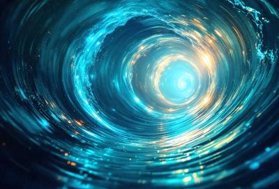 The primary subject of the image is a blue, swirling vortex. The setting is a blue ocean, and the visual style is a digital art or illustration. The dominant colors are blue and white, creating a serene and calming atmosphere.