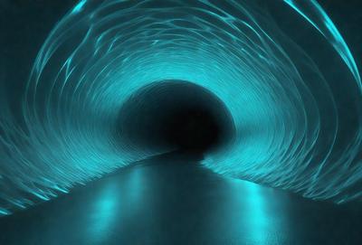 The primary subject of the image is a tunnel with a blue light illuminating it. The tunnel appears to be a part of a water slide, and the light creates a unique atmosphere. The setting is a dark environment, and the visual style is a combination of a photo and digital art. The dominant colors are blue and black, creating a cool and mysterious mood.
