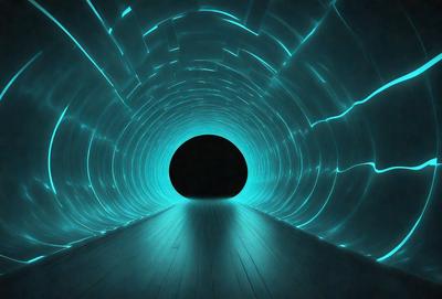 The primary subject of the image is a tunnel with a blue light illuminating it. The tunnel appears to be a part of a futuristic setting, possibly a space station or a high-tech facility. The visual style of the image is a combination of photo and digital art, creating a unique and captivating atmosphere. The dominant colors in the image are blue and black, which contribute to the futuristic and mysterious mood of the scene.
