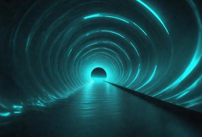 The primary subject of the image is a tunnel with a blue light illuminating it. The tunnel appears to be a part of a futuristic city, and the blue light creates a unique atmosphere. The setting is a futuristic city, and the visual style is a combination of photo and digital art. The dominant colors are blue and white, and the overall mood is futuristic and mysterious.