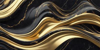 The primary subject of the image is a black and gold marble pattern. The setting is a black background, and the visual style appears to be a combination of photo and digital art. The dominant colors are black and gold, creating a luxurious and elegant atmosphere.